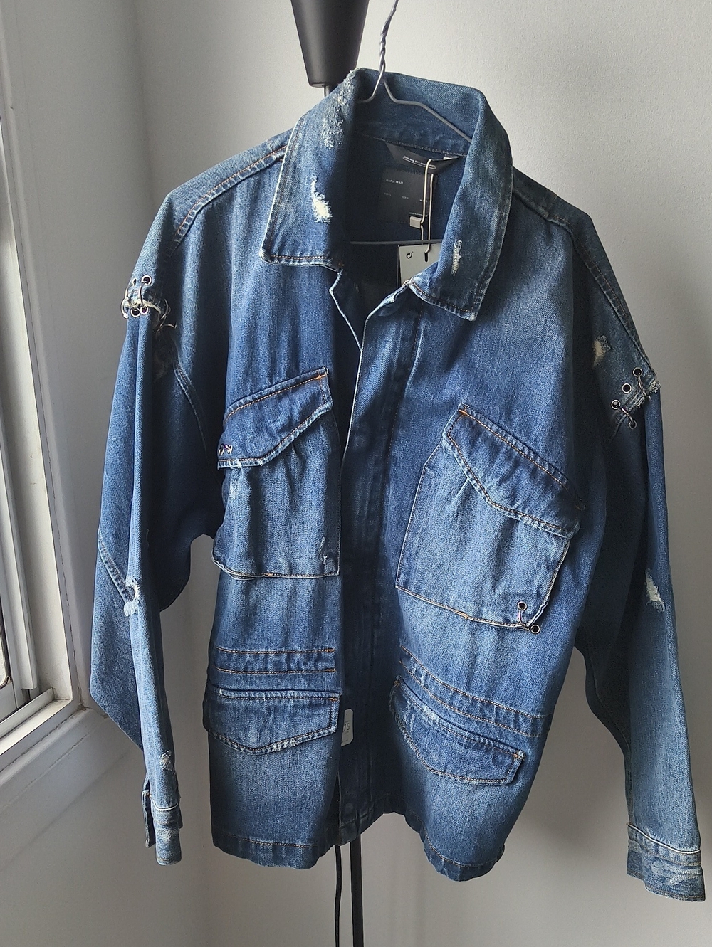 Zara Men's Blue Distressed Military Field Denim Jacket